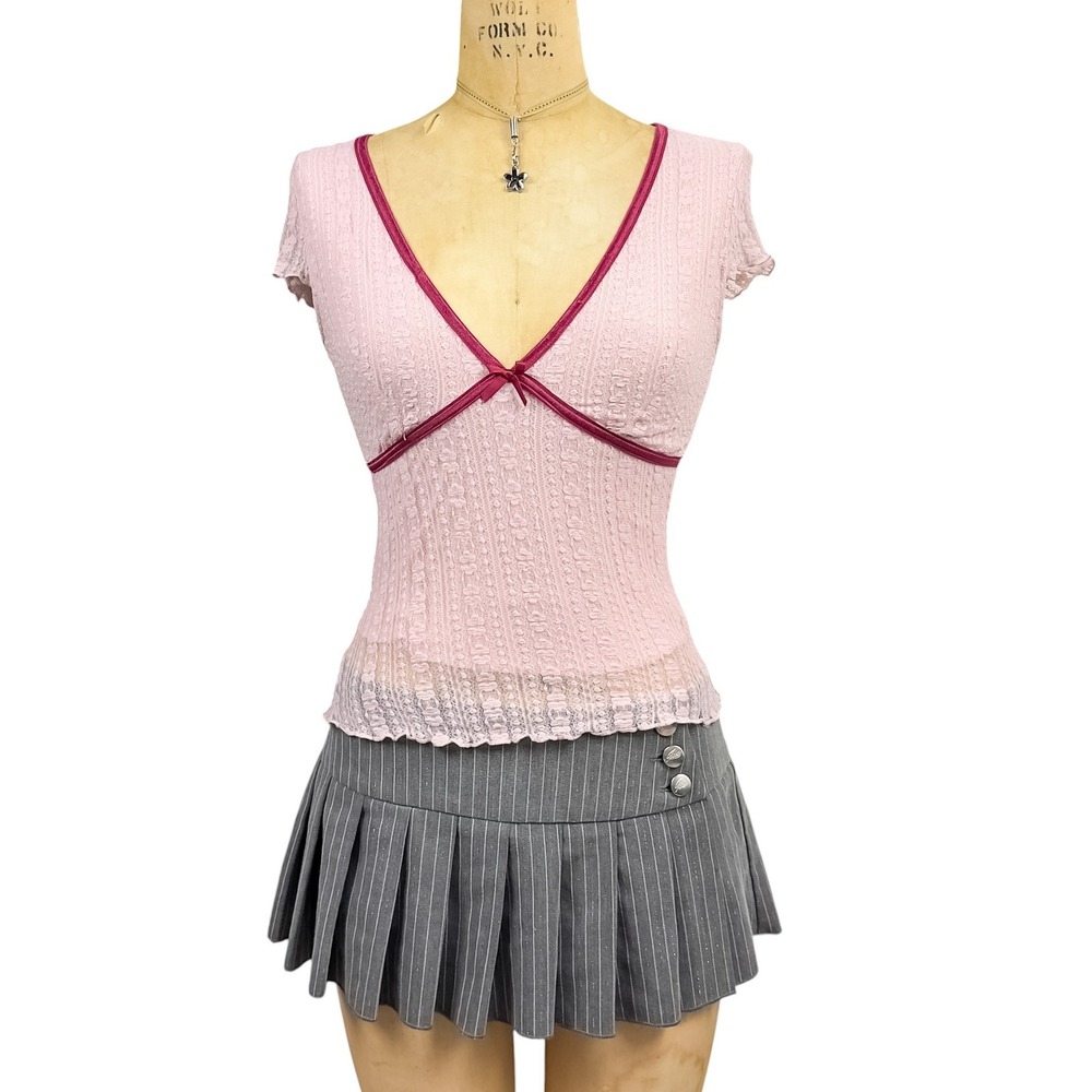 Y2K Pink Lace Babydoll Top Velvet Burgundy Trim Coquette Bow Softgirl Romantic S